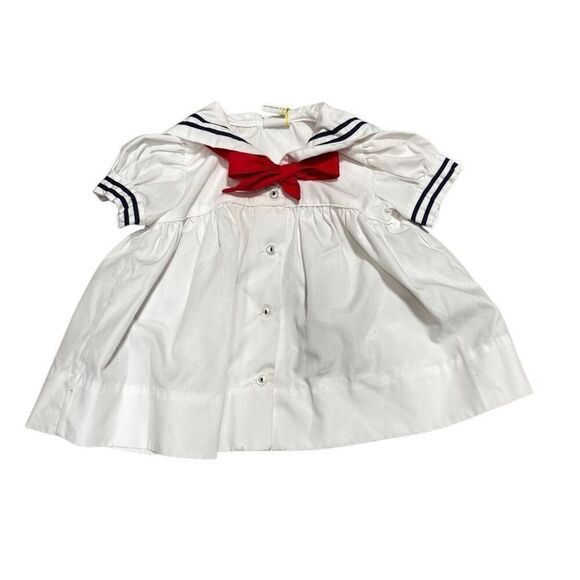 Retro Nautical Baby Dress - 3-6 Months - Caplet & Blue Trim - Picture 1 of 4